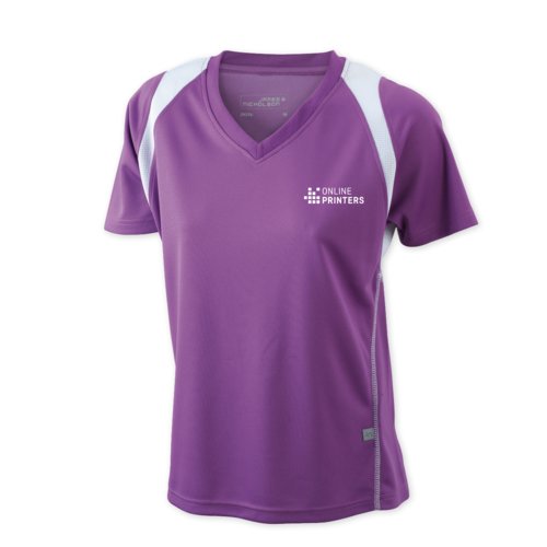 Violettes Damen-Laufshirt aus Polyester mit kurzen rmeln.