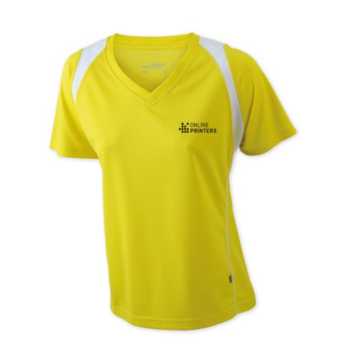 Gelbes Damen-Laufshirt aus Polyester mit V-Ausschnitt und kurzen rmeln.
