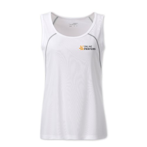 Weies Polyester-Tanktop fr Damen mit silbernen Akzenten.
