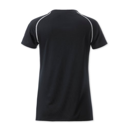 Schwarz-weies Polyester T-Shirt fr Damen mit kurzen rmeln.