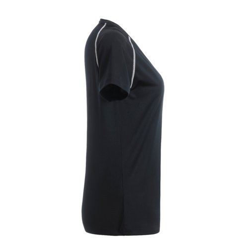 Schwarz-weies Polyester T-Shirt fr Damen mit kurzen rmeln.