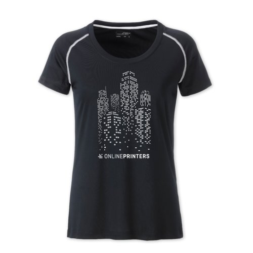 Schwarz-weies Polyester-T-Shirt fr Damen, atmungsaktiv.