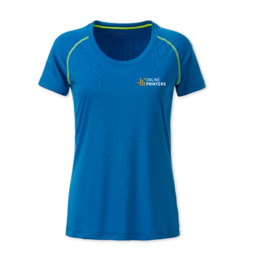 Blaues Polyester Damen T-Shirt mit kurzen rmeln.