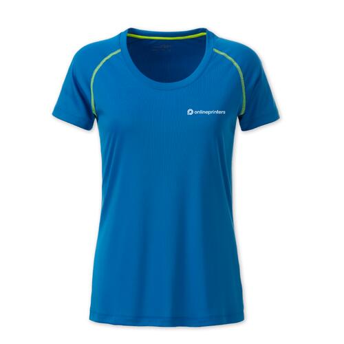 Blaues Polyester Damen T-Shirt mit kurzen �rmeln.