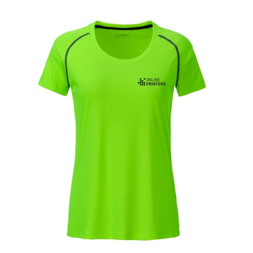 Neongrnes Damen-T-Shirt aus Polyester mit kurzen rmeln.