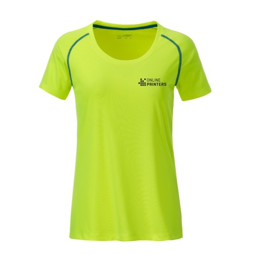 Neongelbes/Blaues Polyester-T-Shirt fr Damen mit kurzen rmeln.