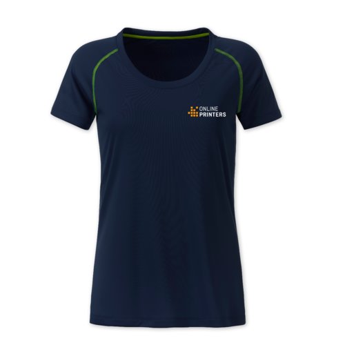 Marineblaues/Neongelbes Damen T-Shirt aus Polyester.