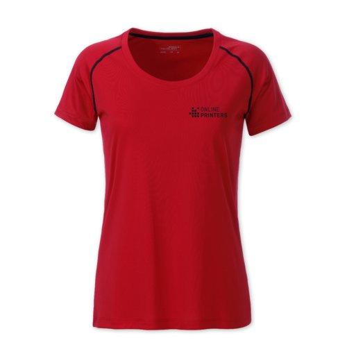 Rotes Polyester Damen T-Shirt mit kurzen rmeln.