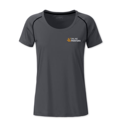 Dunkelgraues Polyester-T-Shirt fr Damen mit kurzen rmeln.