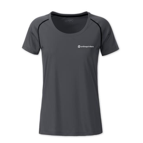 Dunkelgraues Polyester-T-Shirt f�r Damen mit kurzen �rmeln.