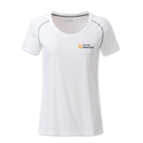 Weies Polyester T-Shirt fr Damen mit kurzen rmeln.
