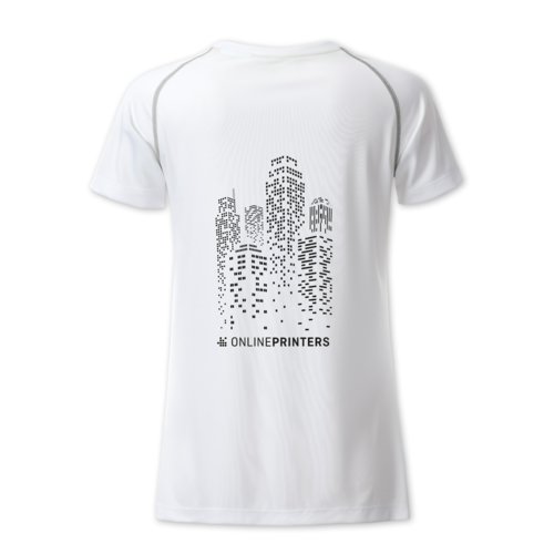 Weies Polyester T-Shirt fr Damen mit kurzen rmeln.
