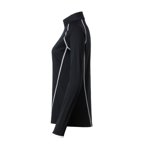 Schwarzes Damen-Langarmshirt aus Polyester mit sportlichem Schnitt.