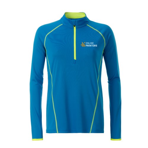 Blau-Neongelbes Polyester-Langarmshirt mit kurzem Reiverschluss.