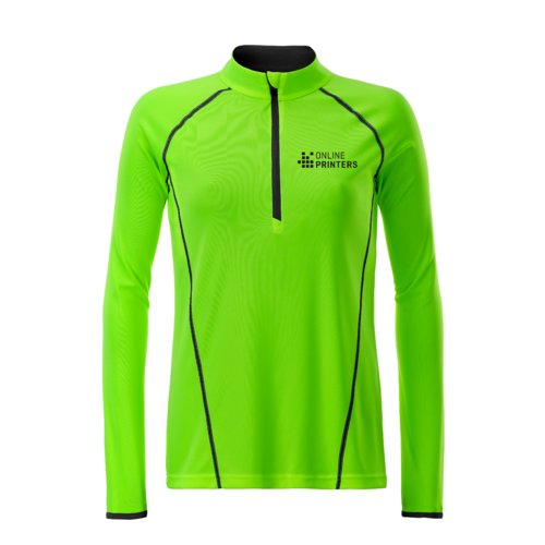 Neongrnes Polyester-Langarmshirt mit Reiverschluss fr Damen.
