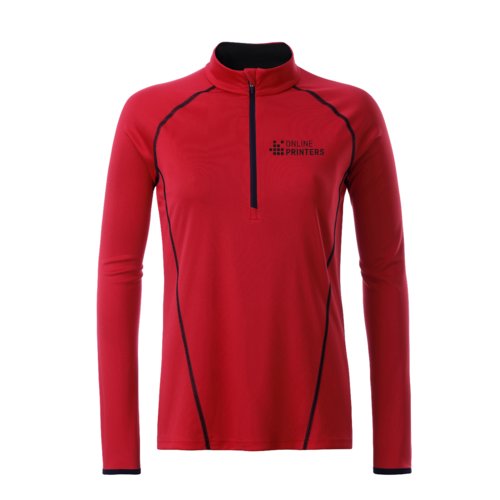 Rotes Polyester-Langarmshirt mit kurzem Reiverschluss fr Damen.