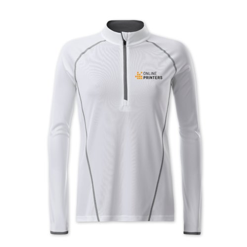 Weies Langarmshirt aus Polyester mit Reiverschluss fr Damen.