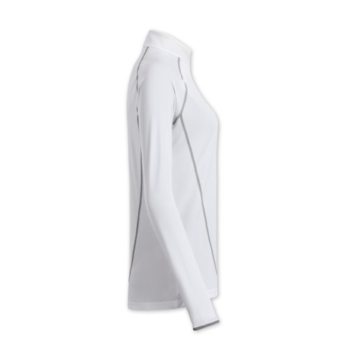Weies Polyester-Langarmshirt fr Damen mit Stehkragen.