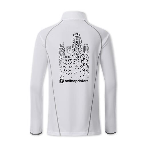 Wei�es Polyester-Langarmshirt f�r Damen mit Rei�verschluss.