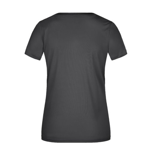 Schwarzes Polyester T-Shirt mit V-Ausschnitt und kurzen rmeln.