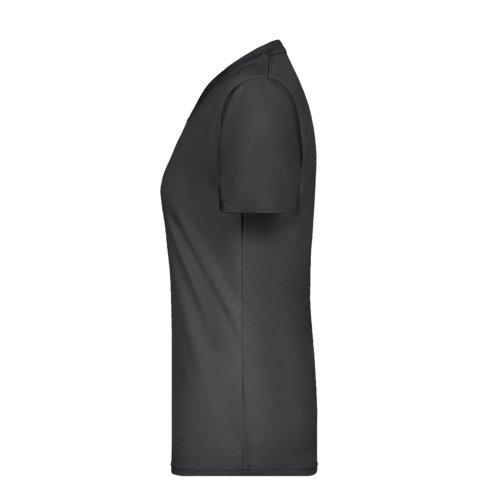 Schwarzes Polyester Damen T-Shirt mit V-Ausschnitt und kurzen rmeln.