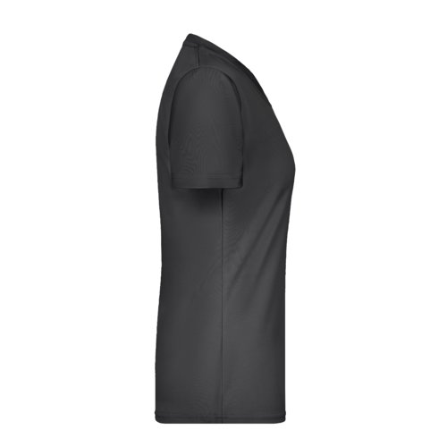 Schwarzes Polyester Damen V-Ausschnitt Shirt mit kurzen rmeln.