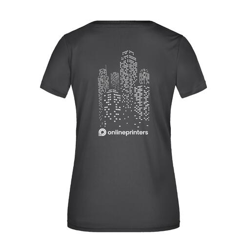 Schwarzes V-Ausschnitt Damen Shirt aus Polyester.
