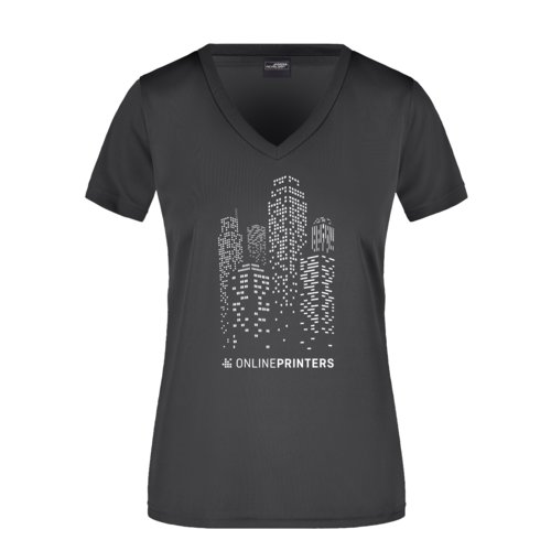 Schwarzes V-Ausschnitt Damen-Shirt aus Polyester.