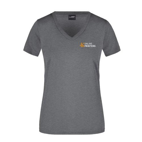 Dunkelgrau meliertes Polyester-T-Shirt mit V-Ausschnitt fr Damen.