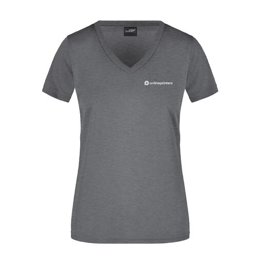 Dunkelgrau meliertes Polyester-T-Shirt mit V-Ausschnitt f�r Damen.