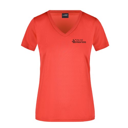 Rotes Polyester V-Ausschnitt Damen T-Shirt mit kurzen rmeln.