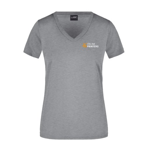 Grau meliertes Polyester-Shirt mit V-Ausschnitt fr Damen.