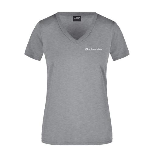 Grau meliertes Polyester-Shirt mit V-Ausschnitt f�r Damen.