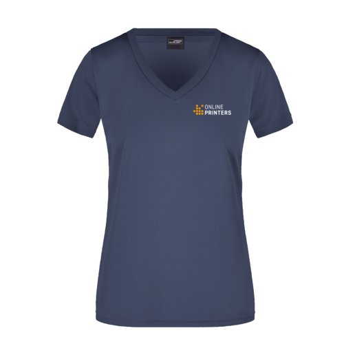 Schwarzblaues V-Ausschnitt Damen Shirt aus Polyester.