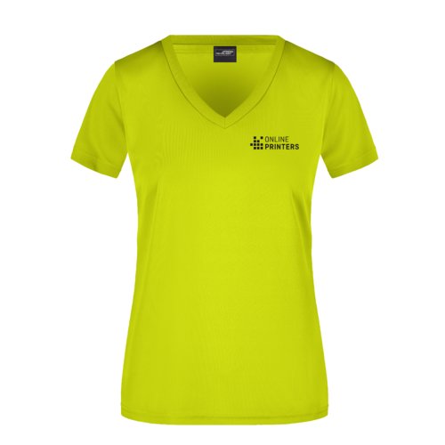 Neongelbes Polyester-T-Shirt mit V-Ausschnitt fr Damen.