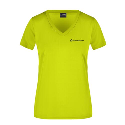 Neongelbes Polyester-T-Shirt mit V-Ausschnitt f�r Damen.