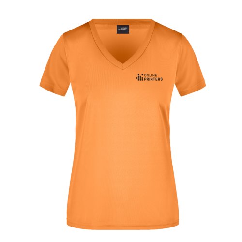 Oranges Polyester T-Shirt mit V-Ausschnitt fr Damen.