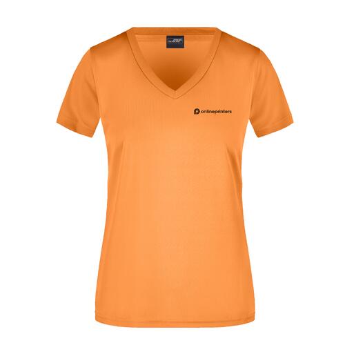 Oranges Polyester T-Shirt mit V-Ausschnitt f�r Damen.