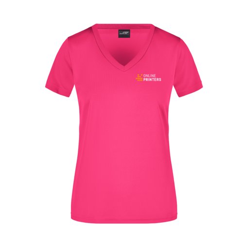 Pinkes Polyester Damen T-Shirt mit V-Ausschnitt und kurzen rmeln.