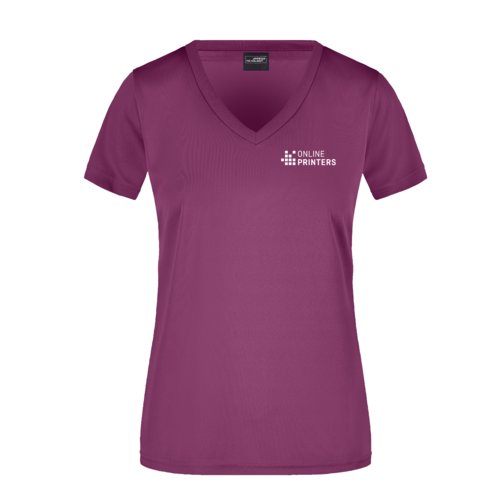Violettes Polyester-T-Shirt mit V-Ausschnitt fr Damen.