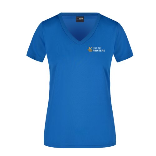 Knigsblaues Polyester-T-Shirt fr Damen mit V-Ausschnitt und kurzen rmeln.
