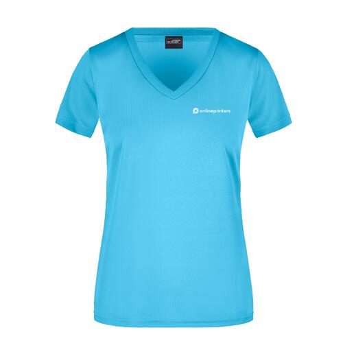 T�rkisfarbenes Polyester-Shirt mit V-Ausschnitt f�r Damen.