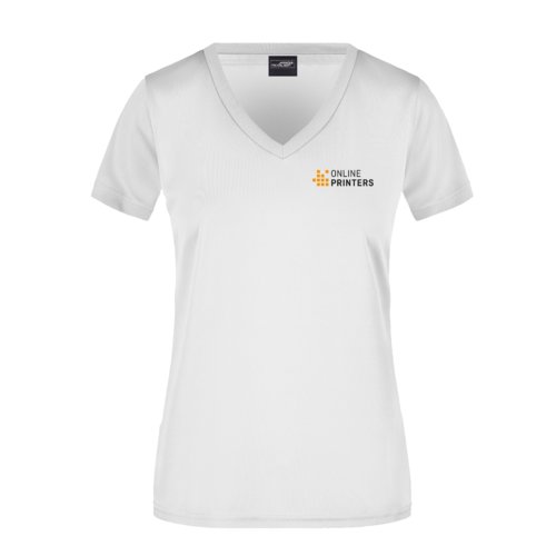 Weies Polyester-T-Shirt fr Damen mit V-Ausschnitt und kurzen rmeln.