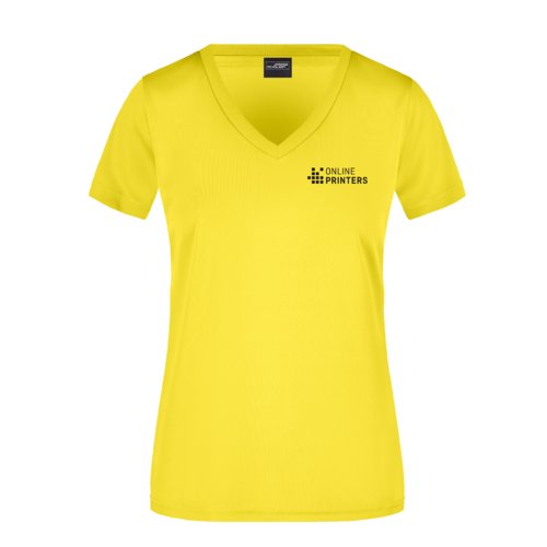 Gelbes Polyester-Shirt mit V-Ausschnitt fr Damen.