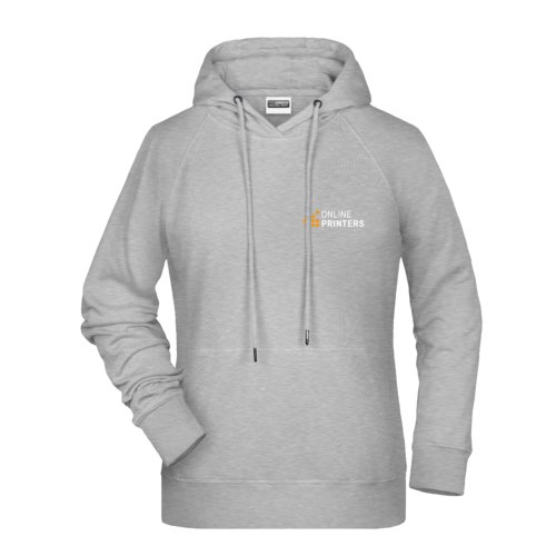 Grau melierter Baumwoll-Polyester-Hoodie fr Damen mit Kapuze und Kordelzug.