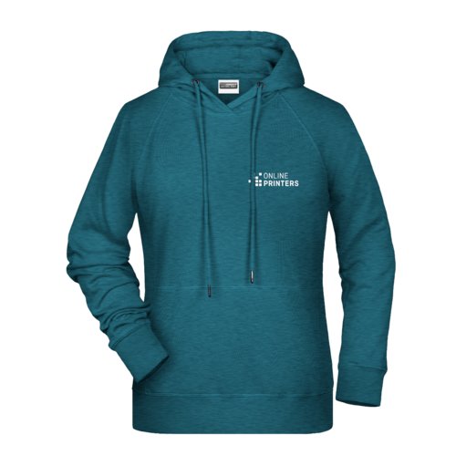 Petrol melierter Baumwoll-Polyester-Hoodie mit Kapuze und Kordelzug.