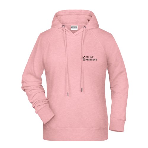 Rosa melierter Baumwoll-Polyester-Hoodie mit Kapuze und Kordelzug.