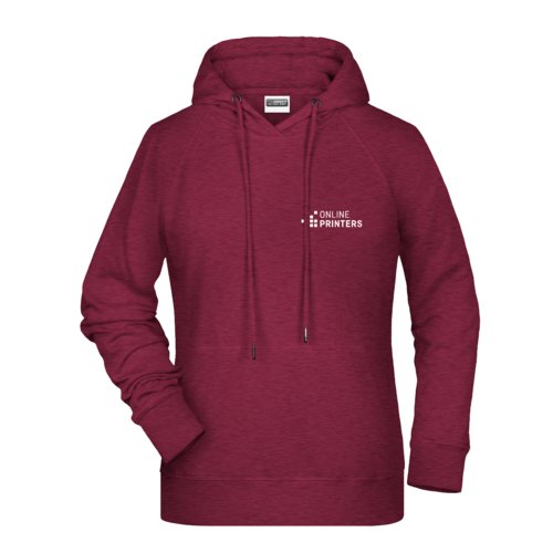 Burgunder Damen-Hoodie aus Baumwollmischung mit Kapuze und Kordelzug.