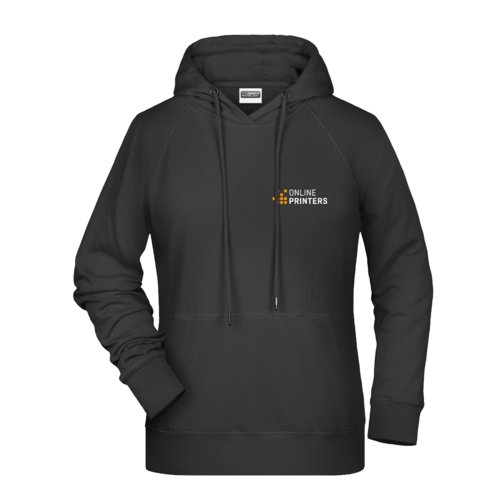 Schwarzer Baumwoll-Polyester-Hoodie fr Damen mit Kapuze und Kngurutasche.