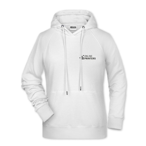 Weier Baumwoll-Polyester-Hoodie fr Damen mit Kapuze und Kordelzug.
